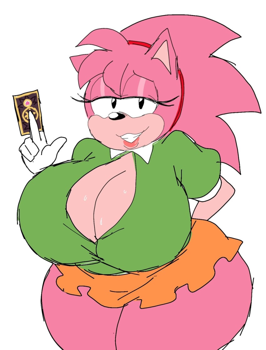 1girls :3 alternate_breast_size amy_rose animal_ears anthro arm_behind_back big_breasts black_eyes breasts busty card classic_amy_rose cleavage cleavage_cutout clothed clothing eyelashes female female_only gloves half-closed_eyes hand_behind_back headband heart hedgehog hedgehog_girl holding_object huge_breasts large_breasts light_skin lips lipstick looking_at_viewer mammal mobian_(species) momiji_(artist) narrowed_eyes pink_fur pink_hair pointy_ears quills sega shirt short_sleeves shortstack skirt smile solo sonic_(series) sonic_cd sonic_the_hedgehog_(series) sweat tarot_card thick_thighs thighs white_background