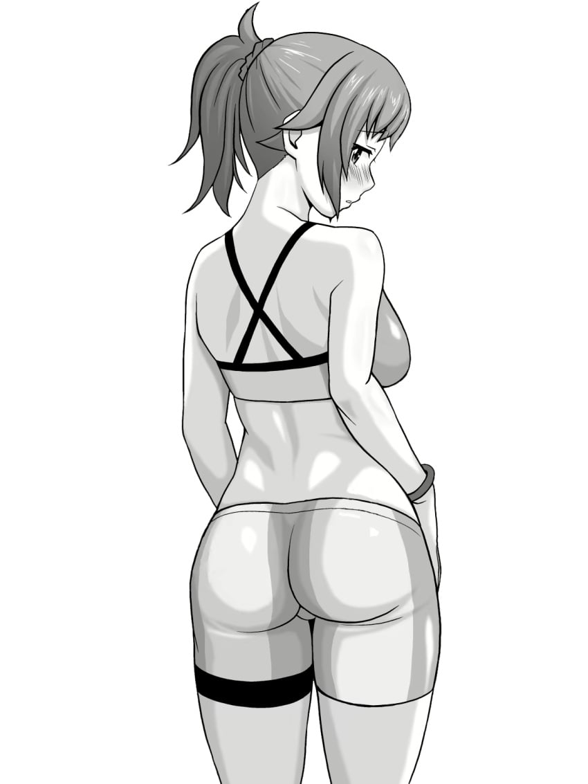 1girls ass big_ass big_breasts bike_shorts blush breasts busty fat_ass female female_only flustered from_behind gundam gundam_build_fighters gundam_build_fighters_try high_ponytail highres hoshino_fumina large_breasts looking_at_viewer looking_back midriff monochrome parted_lips ponytail sensual sideboob solo sports_bra thighs voluptuous yanagi_hirohiko