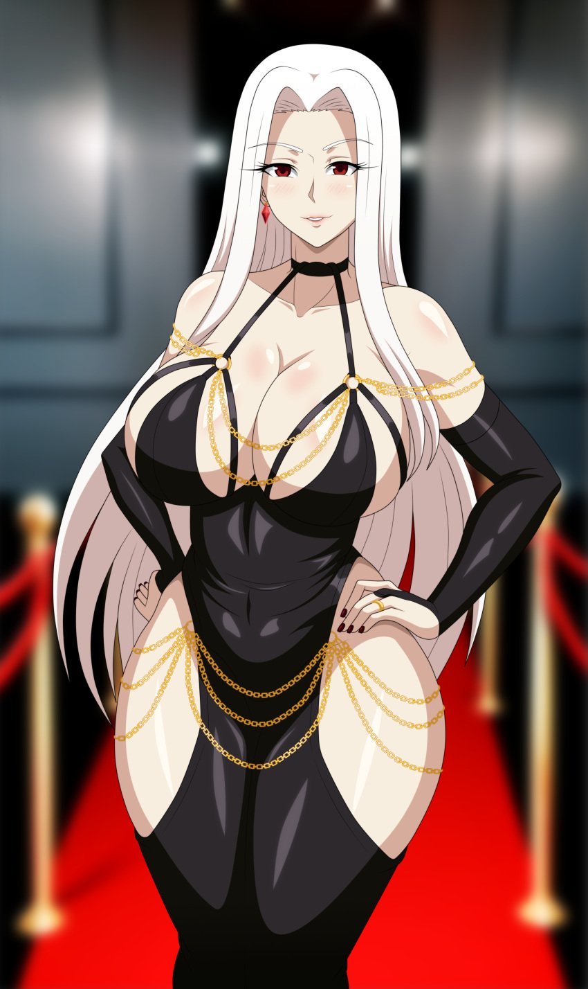 1girls alternate_version_available armwear big_breasts black_dress black_gloves black_nail_polish black_nails blush breasts cleavage dress ear_piercing earrings elbow_gloves fate_(series) female female_only gloves hair hands_on_hips hips huge_breasts irisviel_von_einzbern long_hair modakawa_dress nail_polish nails red_eyes reiichiart skimpy skimpy_dress solo solo_female white_hair wide_hips