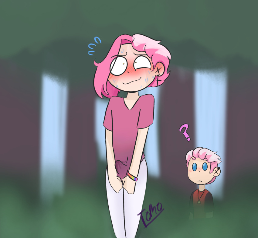 blue_eyes blush boner boner_in_pants boners clothing confusion fede_(fnafhs) felix_(fnafhs) fhs fnafhs fully_clothed gay luckytoro pink_hair sweating yellow_eyes