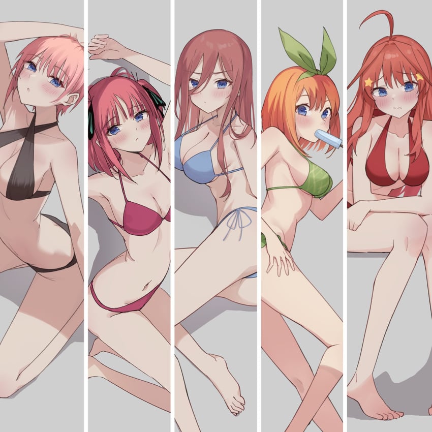 5girls ahoge arm_up bikini black_bikini blue_bikini blue_eyes blush breasts brown_hair cleavage closed_mouth collarbone commentary_request criss-cross_straps feet_out_of_frame food food_in_mouth go-toubun_no_hanayome green_bikini green_ribbons grey_background hair_between_eyes hair_ornament hair_ribbon highres large_breasts lineup long_hair looking_at_viewer lying medium_breasts medium_hair multiple_girls nakano_ichika nakano_itsuki nakano_miku nakano_nino nakano_yotsuba navel on_back on_side orange_hair pink_hair popsicle popsicle_in_mouth profnote quintuplets red_bikini red_hair ribbon seiza short_hair side-tie_bikini_bottom sideboob sitting star_(symbol) star_hair_ornament straight_hair swimsuit