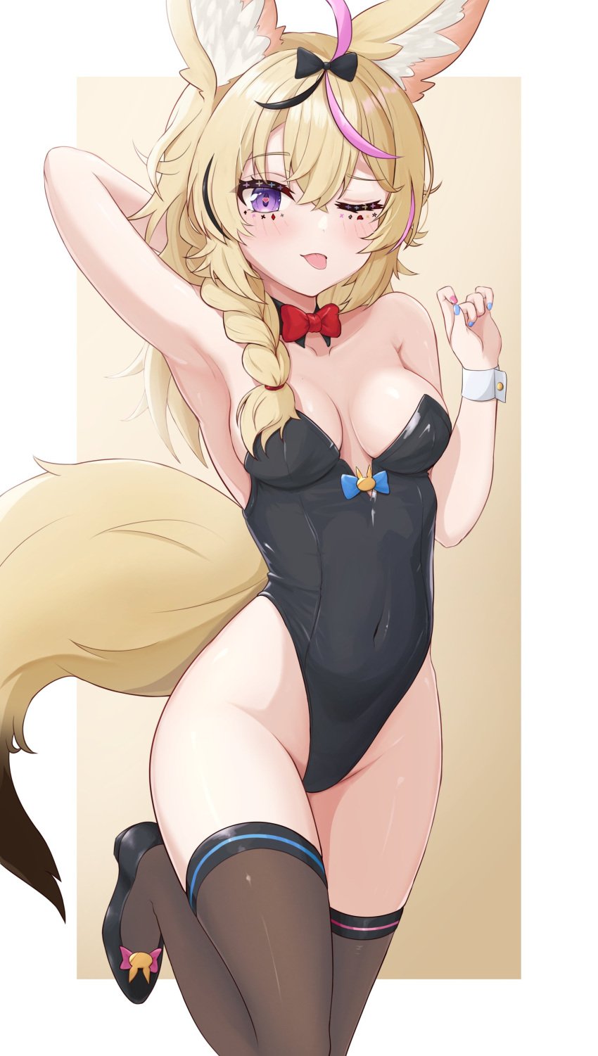 1girls ahoge animal_ears animal_tail arm_behind_head armpit bare_armpit bare_hips bare_shoulders blush bowtie bunnysuit closed_eye detached_collar exposed_shoulders eye_closed fox_ears fox_girl fox_tail hair_ribbon heart-shaped_pupils hi_res highres hololive hololive_gen_5 hololive_japan legwear medium_breasts omaru_polka one_arm_behind_head one_eye_closed pink_hair purple_eyes ribbon side_braid solo solo_female solo_focus stockings telomere thighhighs thighs tongue tongue_out virtual_youtuber wrist_cuffs yellow_hair