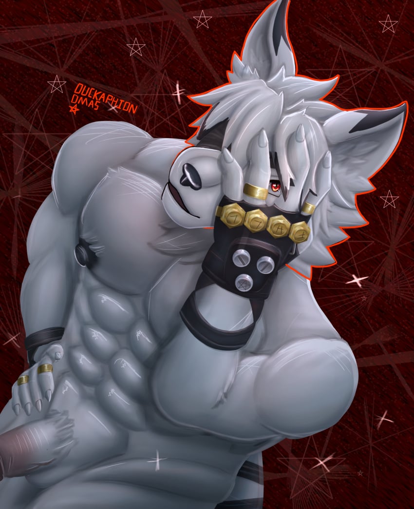 absurd_res anthro balls canid canine canis clothing covered_eyes domestic_dog duckaphion fur genitals gloves gold_(metal) hair hand_on_head handwear harness hi_res male male_only mammal mihoyo muscular muscular_male nipples nude pubes red_eyes solo solo_male von_lycaon white_body white_fur white_hair zenless_zone_zero