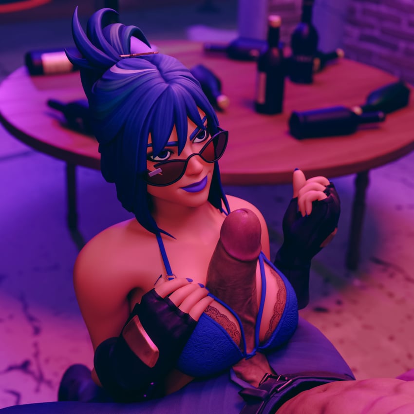 3d 3d_(artwork) big_breasts big_penis blue_hair blue_lipstick bra dark-skinned_male fortnite hope_(fortnite) lace-trimmed_bra light-skinned_female looking_over_eyewear looking_over_glasses looking_over_sunglasses sunglasses tinted_eyewear titjob