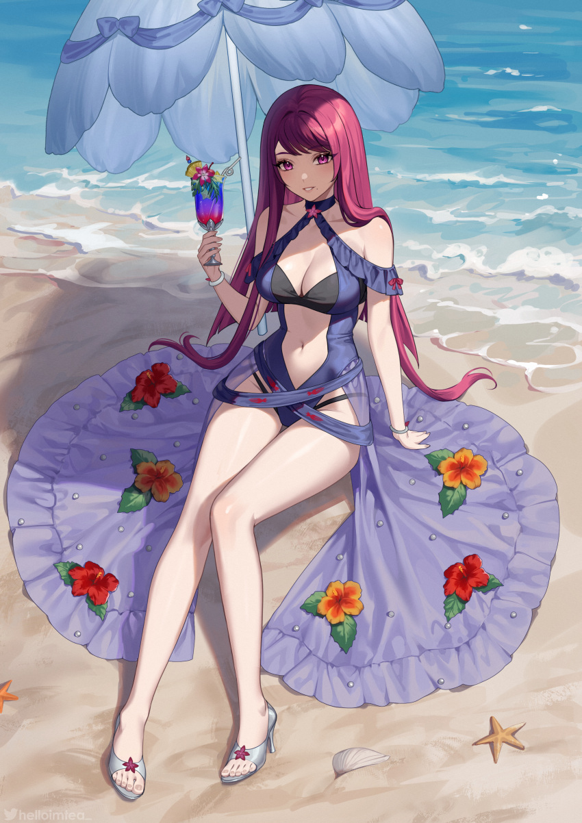 1girls absurdres alternate_costume bare_arms bare_shoulders beach beach_umbrella blue_one-piece_swimsuit blue_swimsuit bracelet breasts cleavage commission cup drink drinking_straw female female_only fire_emblem fire_emblem_engage fire_emblem_heroes flower helloimtea highres holding holding_cup ivy_(fire_emblem) ivy_(summer)_(fire_emblem) jewelry large_breasts long_hair looking_at_viewer mole mole_under_mouth navel nintendo non-web_source ocean official_alternate_costume one-piece_swimsuit pink_eyes purple_hair purple_one-piece_swimsuit sitting smile solo swimsuit thighs umbrella