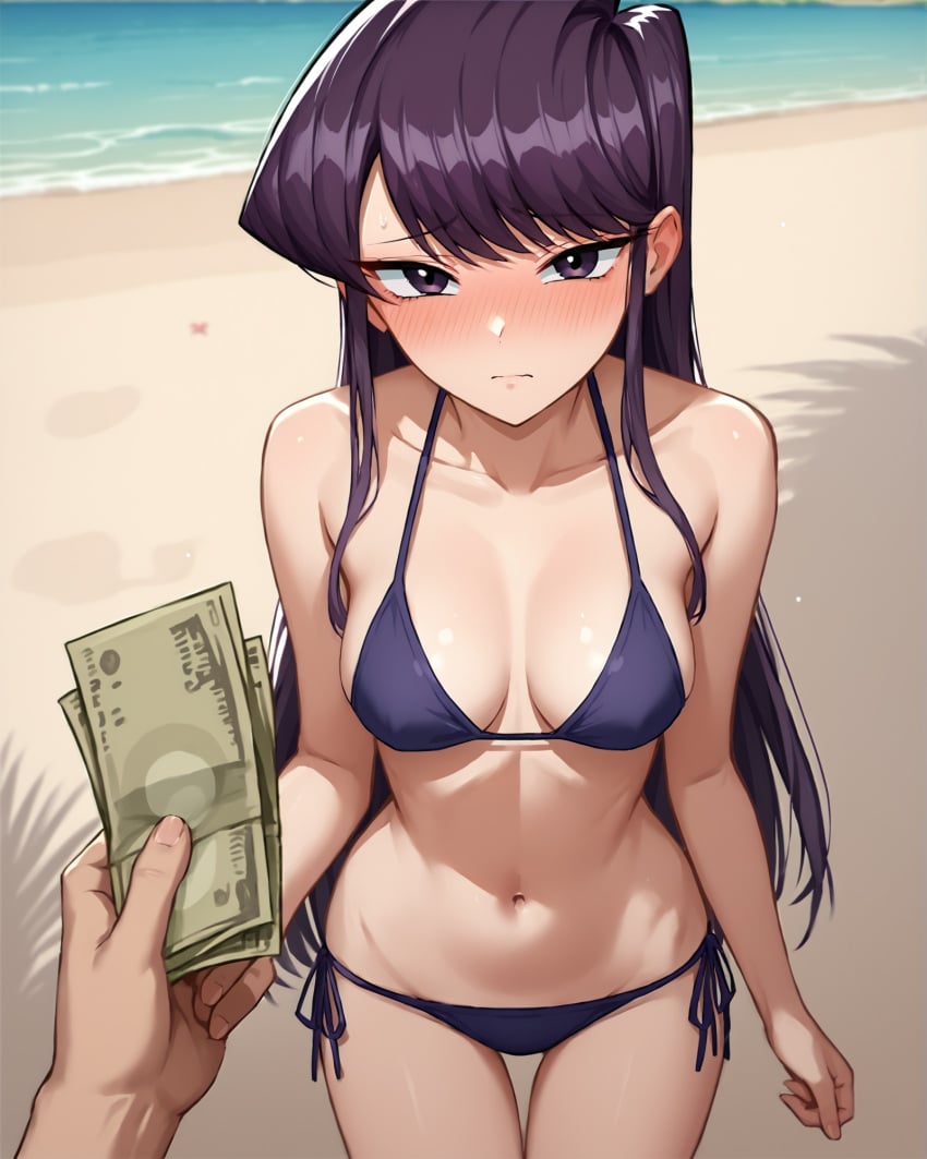 1boy 1boy1girl 1girls ai_generated beach bikini blush cash cleavage collarbone embarrassed female holding_money implied_prostitution komi-san_wa_komyushou_desu komi_shouko long_hair looking_at_viewer medium_breasts money navel notreallyhere pov prostitution purple_eyes purple_hair seaside side-tie_bikini sidelocks standing swept_bangs thigh_gap