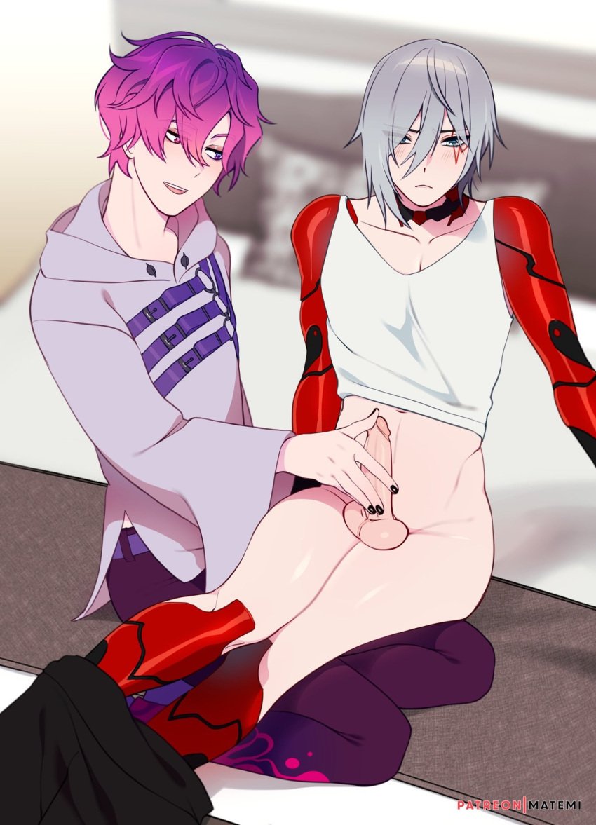 2boys better_version_at_source cybernetics cyborg erection femboy fulgur_ovid gay grey_hair heterochromia male male_only male_with_painted_nails matemi medium_penis nijisanji nijisanji_en penis purple_hair tagme testicles touching_penis twink twitter_sample uki_violeta virtual_youtuber vtuber yaoi