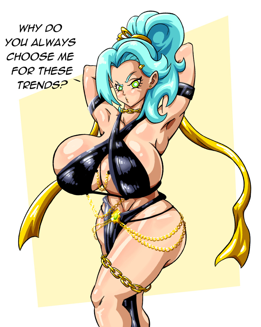 arms_up big_breasts blue_hair dress green_eyes huge_breasts oc original ponytail superspacewarrior thick_thighs volta_(superspacewarrior) wide_hips