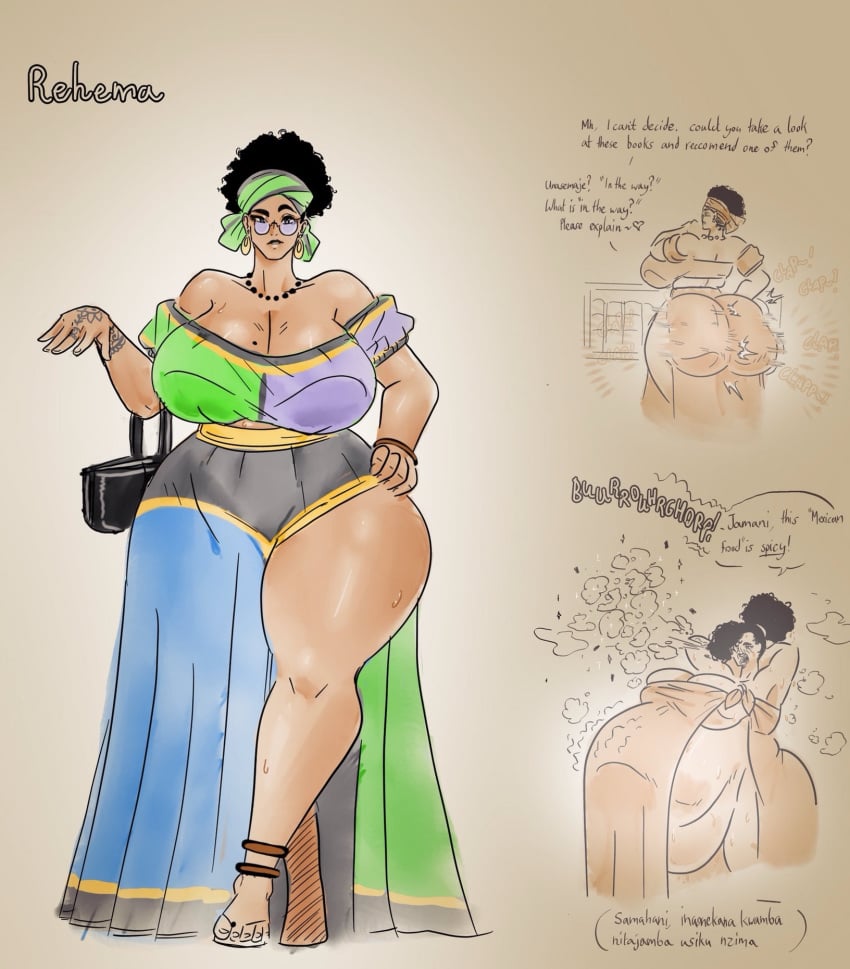 1girls african african_female ass ass_clapping belly belly_bulge big_ass big_belly big_breasts black_hair breasts burp burping cleavage dark-skinned_female dark_skin dialogue earrings english_text fat_ass female female_pred glasses hand_on_hip huge_ass huge_belly huge_breasts leshawk necklace same_size_vore sandals solo solo_female steamy swahili_text sweat text thick_thighs voluptuous vore wide_hips