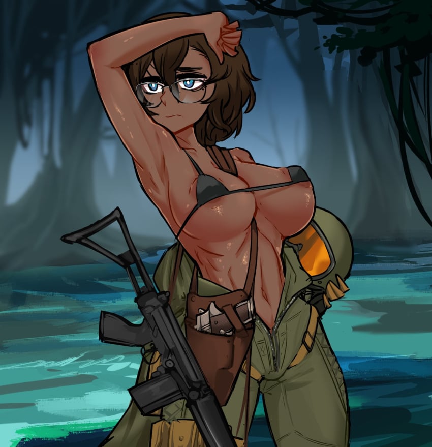 2023 abdomen areola_slip armpits athletic athletic_female battle_rifle battletech bellybutton bikini_top blair_parker_(wibber_rose) blue_eyes bright_pupils brown_hair centurii-chan commission cowboy_shot dark_hair female fn_fal glasses glistening_body gun hand_on_own_forehead handgun helmet holding_helmet holster holstered_pistol holstered_weapon human jumpsuit jungle m1911 mechwarrior messy_hair micro_bikini midriff navel open_clothes original_character partially_unzipped pilot_helmet pilot_suit rifle shiny_skin sweat swimsuit tagme tan_skin tomboy unzipped weapon white_pupils wibber_rose