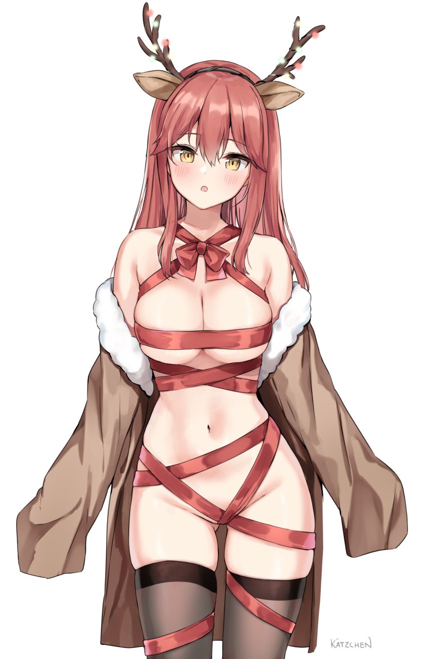 1girls absurd_res absurdres antler_headband antlers bare_belly bare_chest bare_hips bare_navel bare_shoulders bare_skin bare_thighs belly belly_button black_legwear black_thighhighs blush blush_lines blushing_at_viewer blushing_female breasts brown_coat brown_jacket christmas christmas_clothing christmas_headwear christmas_outfit cleavage cleft_of_venus coat collarbone curvy curvy_body curvy_female curvy_figure curvy_hips curvy_thighs dot_nose elbows eyebrows_visible_through_hair female female_focus female_only groin hair_between_eyes half_naked head_tilt high_resolution highres hourglass_figure jacket kaetzchen legs legwear light-skinned_female light_skin liliya_(kaetzchen) long_hair looking_at_viewer medium_breasts mole mole_on_breast naked naked_female navel nude nude_female off_shoulder open_mouth original original_art original_artwork original_character parted_lips pussy red_hair red_hair_female reindeer_antlers reindeer_costume reindeer_ears shoulders simple_background slender_body slender_waist slim_girl slim_waist solo standing thick_thighs thigh_gap thighhighs thighs thin_waist tilted_head upper_body v-line white_background wide_hips yellow_eyes yellow_eyes_female