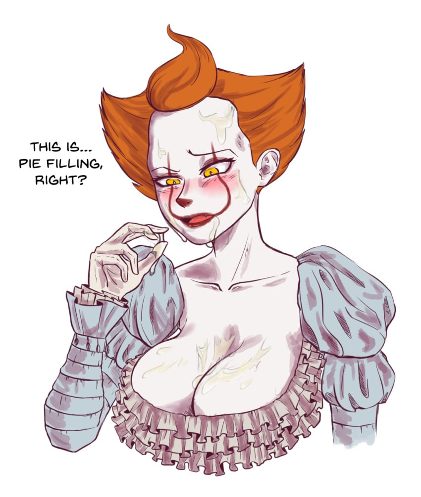 big_forehead blush blushing breasts cleavage clown clown_girl clown_makeup cum cum_in_cleavage cum_on_breasts dialogue dress english_text eyeshadow female frilly_clothing frilly_dress genderswap_(mtf) gloves horror huge_breasts it lipstick makeup orange_hair pennywise redhead rule_63 sir.pidge solo_female voluptuous yellow_eyes