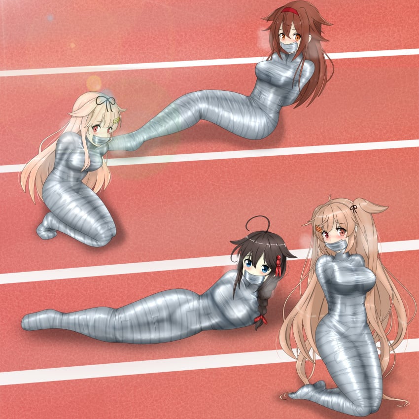 4girls black_hair blonde_hair blue_eyes bondage bound bound_ankles bound_arms bound_legs competition female female_only femsub gag gag_bondage gagged gagged_female ground group hot_weather kagerou_(kantai_collection) kantai_collection line long_hair looking_at_viewer moving multiple_girls mummification mummified mummy_wrappings murasame_(kantai_collection) outdoor outdoors outside playground playing punishment red_eyes red_hair ribbon ribbons running sad sad_face school ship_girl shiratsuyu_(kantai_collection) silver_tape sitting sitting_on_ground sport struggle struggling_to_get_out sun tape tape_bondage tape_gag taped_hands taped_legs taped_mouth tie tied tied_arms tied_hair tied_hands tied_legs tied_up wrapped wrapped_arms wrapped_hands wrapped_up wrappings wraps yuudachi_(kantai_collection)