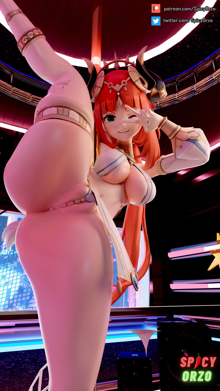 1girls 3d big_breasts big_thighs blue_eyes breasts busty female genshin_impact huge_thighs large_thighs leg_up misterorzo navel nilou_(genshin_impact) one_leg_up pole red_hair standing_on_one_leg stripper_pole thick_thighs thighs voluptuous