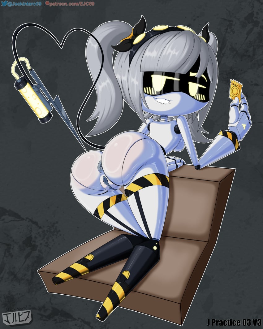 anus ass ass_focus biting_lip blush condom digital_media_(artwork) disassembly_drone fanart female_only glitch_productions grey_hair j_(murder_drones) jackintaro looking_at_viewer looking_back murder_drones nude pussy ribbons robot robot_girl simple_background tail twintails yellow_eyes