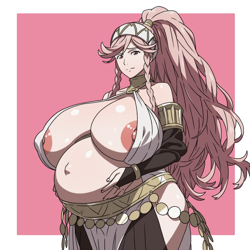1girls areola areola_slip areolae bare_shoulders belly big_belly breasts clothed clothing commission dancer dancer_outfit exposed_torso female female_only fire_emblem fire_emblem_awakening fungus-man gigantic_breasts headband headgear headwear huge_belly jewelry large_belly light-skinned_female light_skin long_hair looking_at_viewer navel nintendo nipple_slip olivia_(fire_emblem) pink_eyes pink_hair pink_nipples ponytail pregnant ready_to_pop self_upload solo standing twin_braids