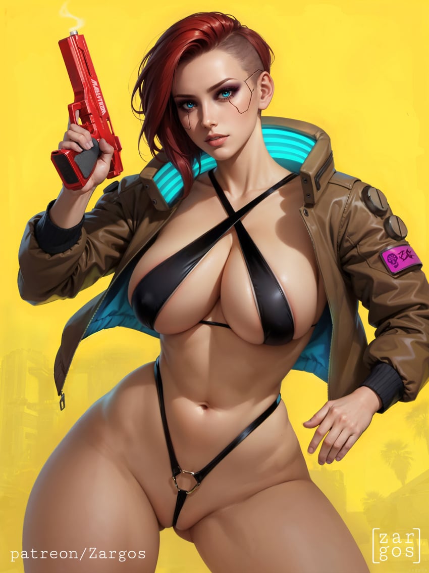 1girls abs absurdres ai_generated ass big_breasts breasts brown_eyes cd_projekt_red cybernetics cyberpunk_2077 female female_only highres realistic red_hair shaved_side solo thick_thighs thighs v_(cyberpunk_2077) valerie_(cyberpunk_2077) zargos