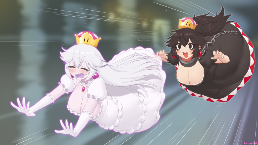 2girls boosette breasts chain_chomp chompette female ghost ghost_girl ghosts horny kuroonehalf mario_(series) new_super_mario_bros._u_deluxe nintendo scared super_crown