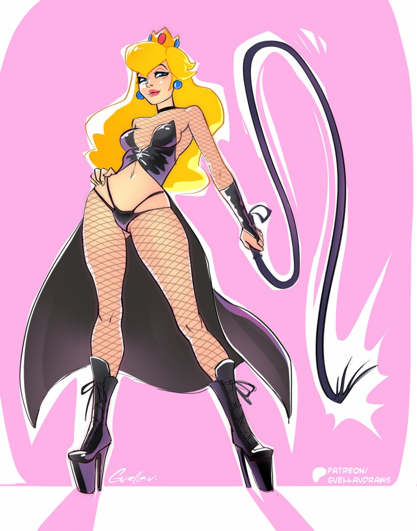 1girls blonde_hair cape clothed crown dominatrix female fishnets g-string gvellav high_heels leather_clothing long_hair mario_(series) nintendo pink_background princess_peach royalty solo very_high_heels weapon whip