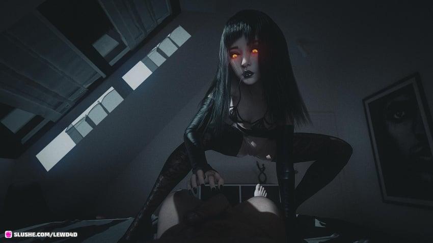 1boy 1girls 2023 3d bedroom black_bra black_hair black_lipstick black_nail_polish black_nails bra female female_vampire femdom glowing_eyes indoors lewd4d lipstick long_hair looking_at_viewer male male_pov night nightmare_waifu nude nude_male orange_eyes pov vampire vampire_girl