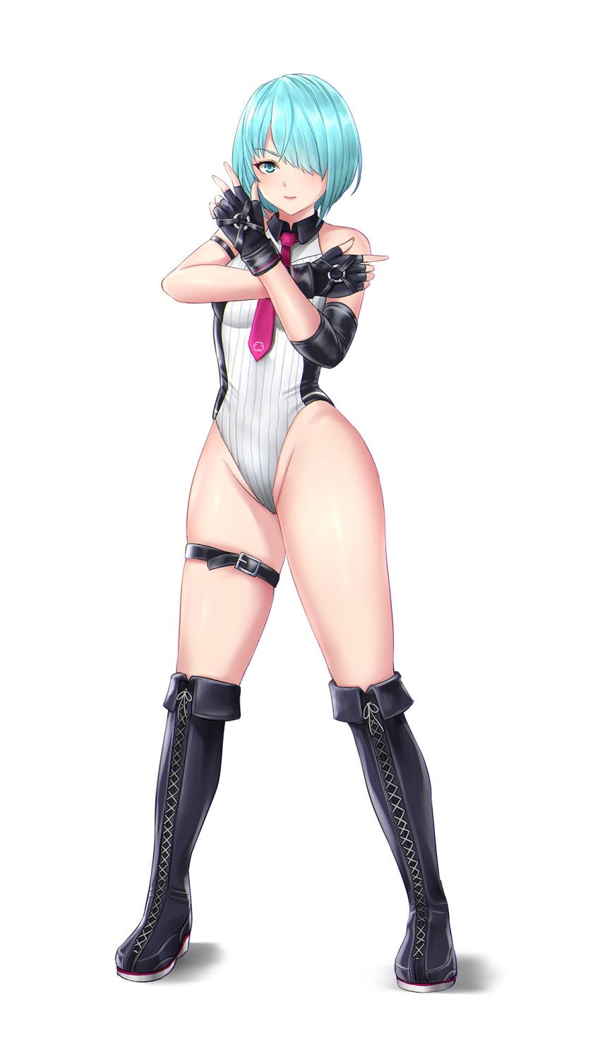 1girls arm_strap ass blue_hair boots dead_or_alive dead_or_alive_6 female fingerless_gloves fingernails glasses kuronerinka leotard looking_at_viewer nico_(doa) short_hair simple_background sleeveless small_breasts smile smiling_at_viewer solo thick_thighs