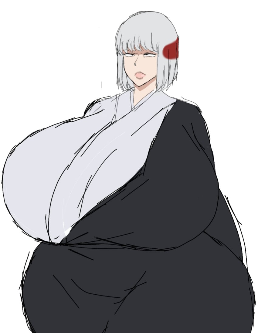 1girls black_kimono breasts female gigantic_breasts grey_hair hyper hyper_breasts hyper_thighs japanese_clothes jujutsu_kaisen kimono lips momiji_(artist) short_hair simple_background solo solo_female thick_thighs uraume white_background white_hair