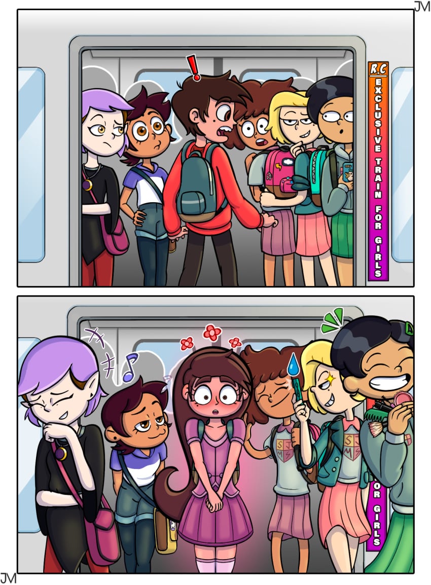 1boy 5girls amity_blight amphibia anne_boonchuy asian_female backpack bag blonde_hair blush clothing comic crossdressing crossover dark-skinned_female dark-skinned_male dark_skin disney_channel electronics female femboy funny human jasonmrcurdy latina_female latino_male luz_noceda male marco_diaz marcy_wu meme pale_skin phone ponytail princess_marco public purple_hair sasha_waybright school_uniform schoolgirl sissification skirt star_vs_the_forces_of_evil subway_train the_owl_house