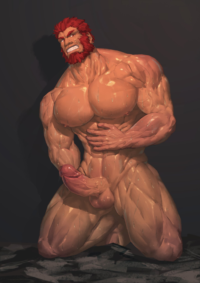 adios balls bara beard boner erection facial_hair fate_(series) iskandar_(fate) male male_only muscles muscular nude on_knees penis solo solo_male sweat sweating