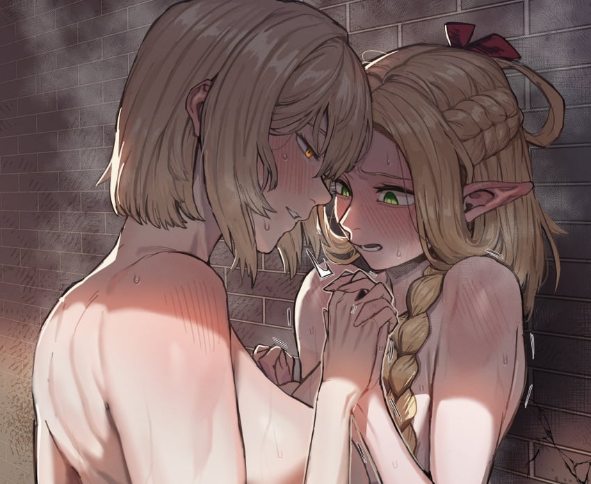 2girls bathing bathroom blonde_hair blush braid breasts closed_eyes closed_mouth couple dungeon_meshi elf falin_touden falin_touden_(tallman) fanon_couple green_eyes hair_around_ear highres holding_hands kugara4423 long_hair marcille_donato multiple_girls open_mouth pointy_ears same-sex_bathing shared_bathing short_hair showering smile tile_wall tiles yuri