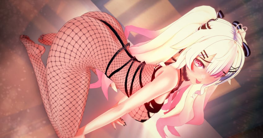 1girls 3d ass bed big_ass big_breasts black_nails blonde_hair breasts deluxe_rosie doggy_style_position female female_only fishnet_bodysuit fishnet_clothing fishnets indie_virtual_youtuber leaning_forward light-skinned_female light_skin multicolored_hair on_bed on_knees pasties pink_eyes pink_hair revealing_clothes ribbon solo solo_female suko_(vtuber) teasing thin_waist tongue tongue_out twintails virtual_youtuber