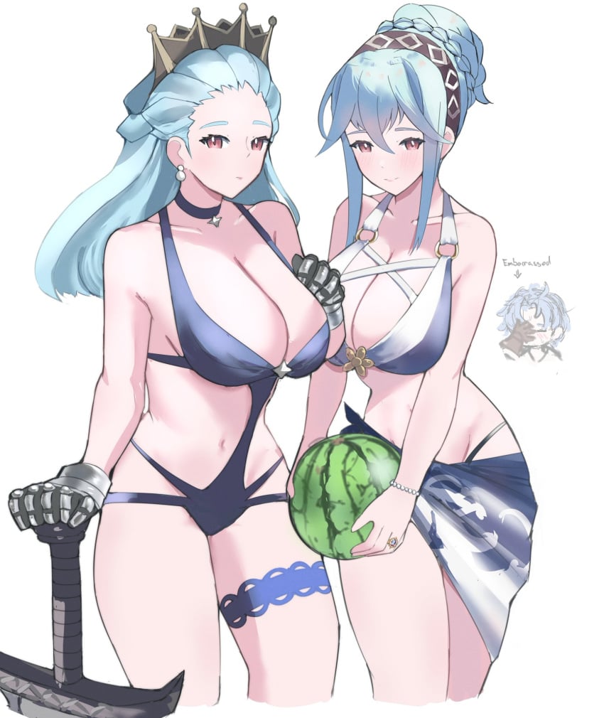 1boy 2girls alain_(unicorn_overlord) alternate_costume aunt_and_niece bikini blue_bikini blue_hair blue_sarong blush breasts brown_eyes brown_gloves brown_hairband chibi cleavage closed_mouth commentary embarrassed english_commentary english_text food fruit gauntlets gloves hair_bun hairband hand_on_own_face highres holding holding_food holding_fruit holding_sword holding_weapon ilenia_(unicorn_overlord) jewelry juneplums large_breasts long_hair looking_at_viewer multiple_girls navel ring sarong short_hair sidelocks simple_background single_hair_bun smile swimsuit sword unicorn_overlord virginia_(unicorn_overlord) watermelon weapon wedding_ring white_background