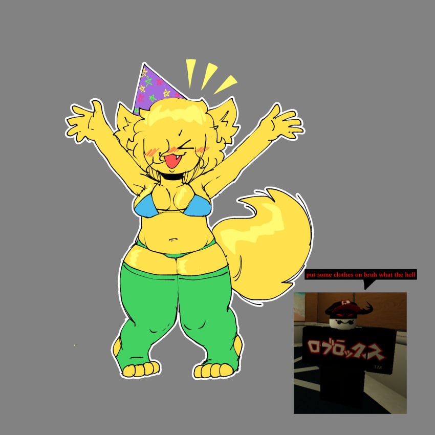 1girls 2d 2d_(artwork) bikini bikini_bottom bikini_top chubby chubby_female dialogue evilgoober excited fluffy furry humor nala_(minstlu) partially_clothed party_hat paws pest_(regretevator) regretevator roblox roblox_game tail text thighhighs yellow_fur yellow_hair