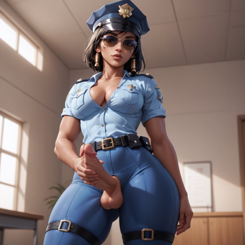 ai_generated cleavage dark-skinned_futanari eogard_orc futanari looking_down_at_viewer overwatch pharah police_uniform policewoman thick_thighs touching_self