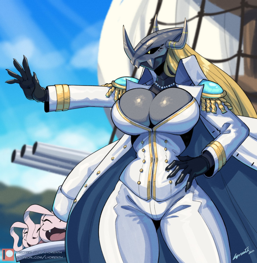 1girls 2020s 2024 5_fingers anthro anthro_focus anthro_only bandai_namco big_breasts big_hat big_thighs blackwargreymon blonde_hair bracelet breasts claws cleavage cleavage_window clothed clothing female female_focus female_only fur furry furry_female hair hand_on_hip hat hi_res highres hips hourglass_figure large_breasts large_thighs lyorenth-the-dragon outdoors panties pants pointing scalie ship_deck skindentation solo solo_female solo_focus thick_thighs thigh_strap thighs voluptuous wide_hips