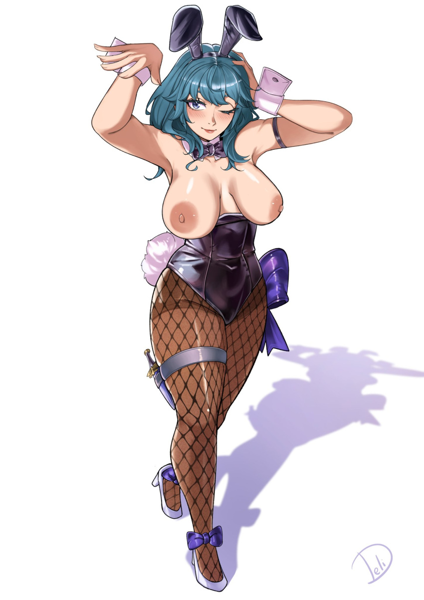 1girls alternate_costume blue_eyes bunny_ears bunny_girl bunnysuit byleth_(fire_emblem) byleth_(fire_emblem)_(female) delicious_brain deliciousbra fake_animal_ears fire_emblem fire_emblem:_three_houses large_breasts nintendo nipples one_eye_closed teal_hair