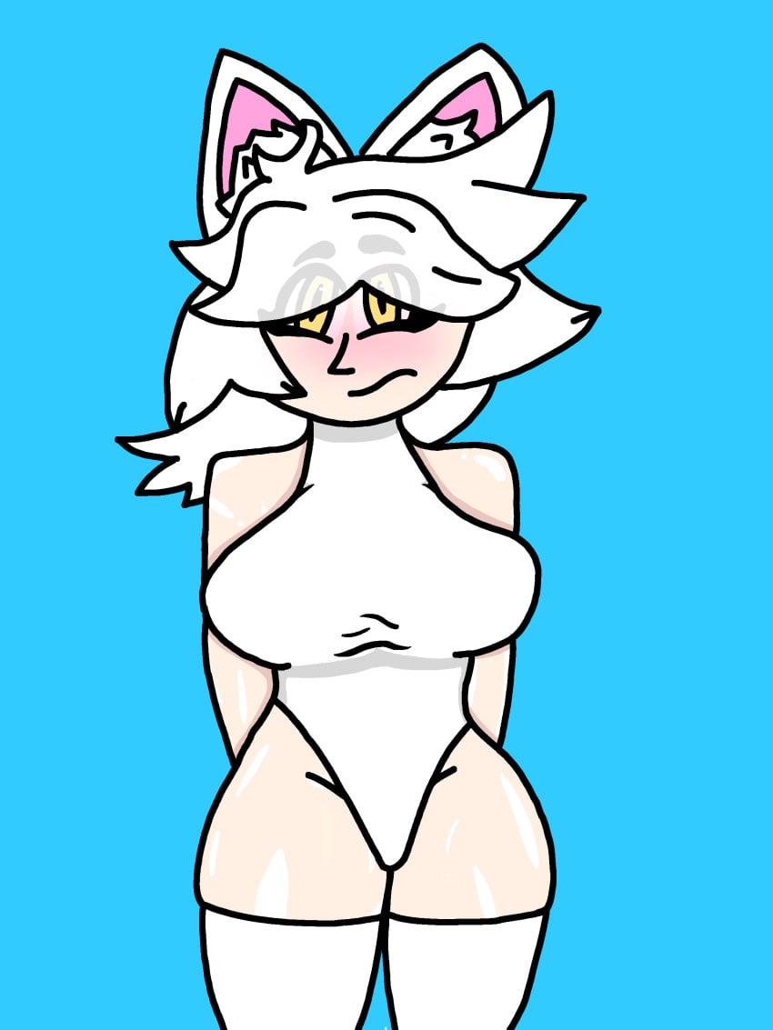 alex big_eyes blue_background cat_ears eyebrows_visible_through_hair female nervous oc oiled oiled_body oiled_skin partially_clothed pookyelgato short_hair thick_thighs thigh_highs thigh_socks white_hair yellow_eyes