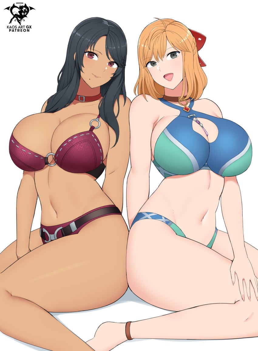 2girls absurd_res alternate_costume bare_shoulders bikini black_hair blonde_hair blue_bikini blue_swimsuit breasts busty choker cleavage curvy dark-skinned_female female female_only fiora_(xenoblade) green_eyes highres kaos_art large_breasts light-skinned_female long_hair looking_at_viewer midriff monolith_soft navel nintendo official_alternate_costume pink_bikini pink_swimsuit red_eyes sharla_(xenoblade) sitting slim_waist swimsuit thick_thighs thighs voluptuous wide_hips xenoblade_(series) xenoblade_chronicles