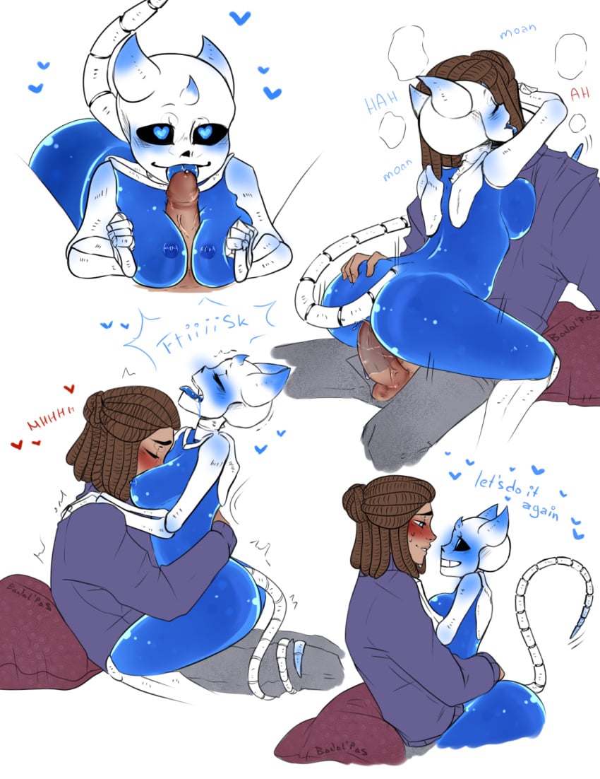 1boy 1girls alternate_universe blue_body blue_eyes breasts brown_hair cat_be_doing_the_laundry demon_girl ectobody ectobreasts ectobutt fanfiction female frisk heart-shaped_pupils horns human male oral outercourse paizuri penetration rule_63 sans sex skeleton succubus tail text tongue undertale undertale_fanfiction