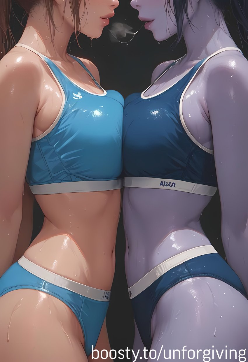 ai_generated ass breasts breasts_pressed_together docking female sports_bra sports_uniform sportswear sweat unforgiving wet