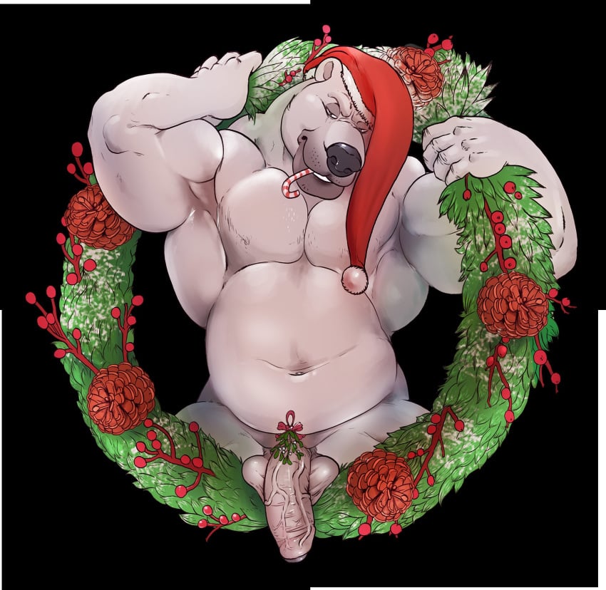 2019 anthro balls biceps big_muscles black_nose burrserk candy candy_cane christmas clothing flaccid food foreskin fur hat hat_only headgear headwear holidays huge_muscles humanoid_penis kissing_bough looking_at_viewer male male_only mammal mistletoe mostly_nude muscular muscular_male pecs penis plant polar_bear santa_hat solo stubble triceps ursid ursine vein veiny_penis white_body white_fur wreath