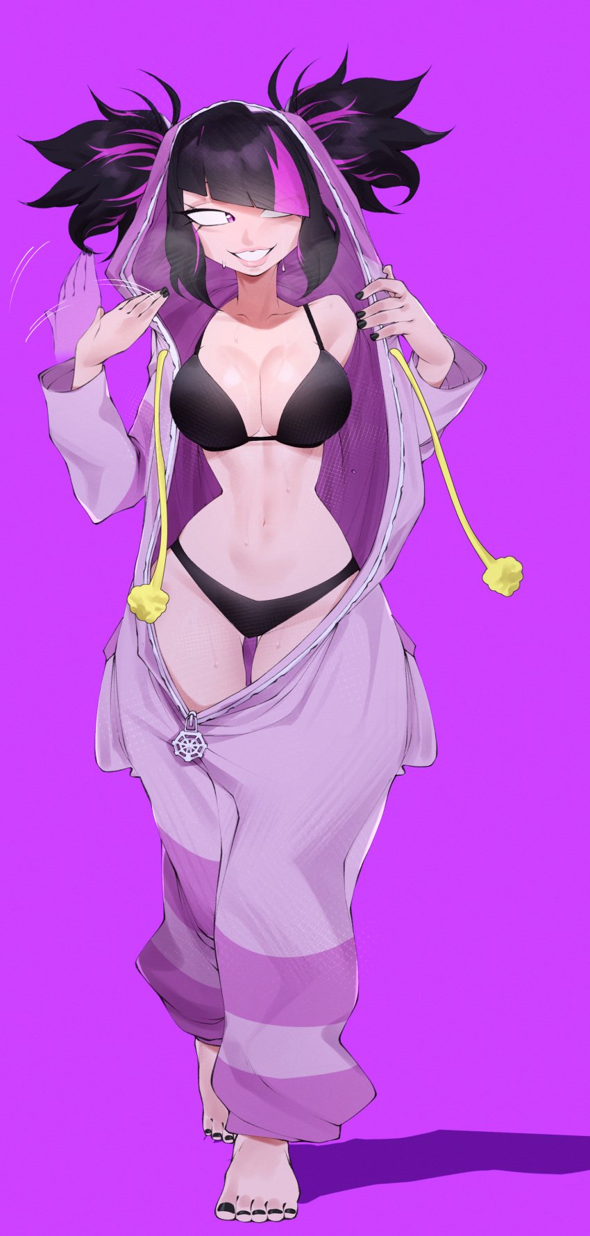 black_bra black_panties capcom curvaceous curvy curvy_body curvy_female curvy_figure female flytrapxx juri_han medium_breasts open_clothes pajamas pajamas_only street_fighter street_fighter_6 sweat tagme thin_waist wide_hips