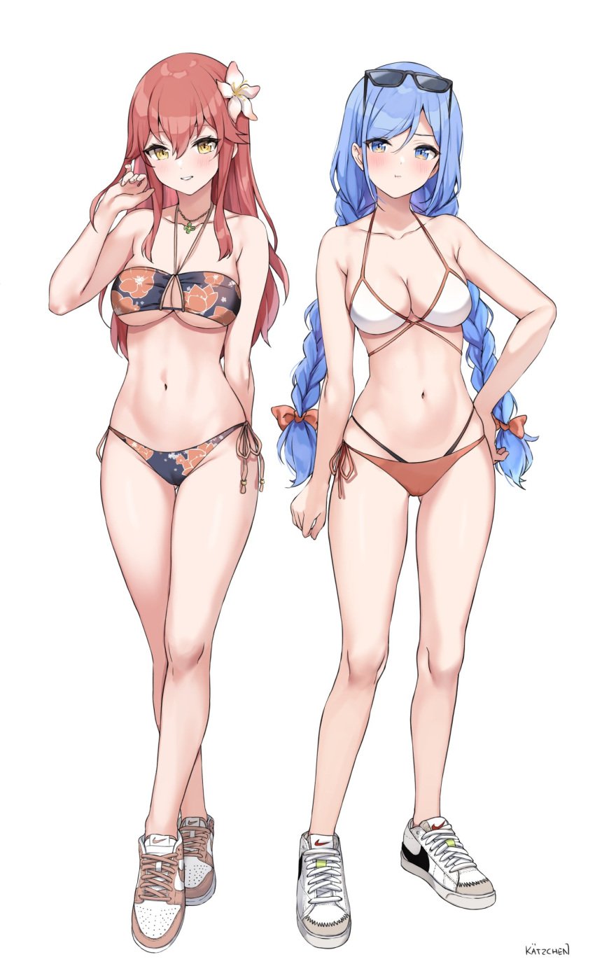 2girls absurd_res absurdres arm_behind_back bae_minah_(chaesu) bare_arms bare_belly bare_calves bare_chest bare_hands bare_hips bare_knees bare_legs bare_midriff bare_navel bare_shoulders bare_skin bare_thighs bare_torso belly belly_button bikini bikini_bottom bikini_only bikini_top black_bikini black_bikini_bottom black_bikini_top black_swimsuit black_swimwear blue_eyebrows blue_eyes blue_eyes_female blue_hair blue_hair_female blush blush_lines blushing_at_viewer blushing_female braid braided_hair braided_twintails breasts calves cleavage collarbone covered_areola covered_areolae covered_breasts covered_crotch covered_nipples covered_pussy covered_vagina curvy curvy_body curvy_female curvy_figure curvy_hips curvy_thighs dot_nose elbows embarrassed embarrassed_femalee exposed exposed_arms exposed_belly exposed_legs exposed_midriff exposed_shoulders exposed_thighs exposed_torso eyebrows_visible_through_hair feet female female_focus female_only fingernails fingers flower flower_in_hair frown frown_eyebrows frowning frowning_at_viewer full_body groin hair_between_eyes hair_ornament hair_ribbon half_naked hand_behind_back hand_on_hips hand_on_own_hips hand_on_own_waist hand_on_waist head_tilt high_resolution highres hourglass_figure kaetzchen knees legs light-skinned_female light_skin liliya_(kaetzchen) long_hair looking_at_viewer medium_breasts multiple_females multiple_girls naked naked_female navel necklace nude nude_female orange_bikini orange_bikini_bottom orange_hair_ribbon orange_ribbon orange_swimsuit orange_swimwear original original_art original_artwork original_character parted_bangs parted_lips pussy red_hair red_hair_female ribbon shoes shoulders side-tie_bikini simple_background slender_body slender_waist slim_girl slim_waist smile smiling smiling_at_viewer sports_shoes standing string_bikini sunglasses sunglasses_on_forehead swimsuit swimwear thick_thighs thighs thin_waist tilted_head underboob v-line white_background white_bikini white_bikini_top white_shoes white_string_bikini white_swimsuit white_swimwear wide_hips yellow_eyes yellow_eyes_female