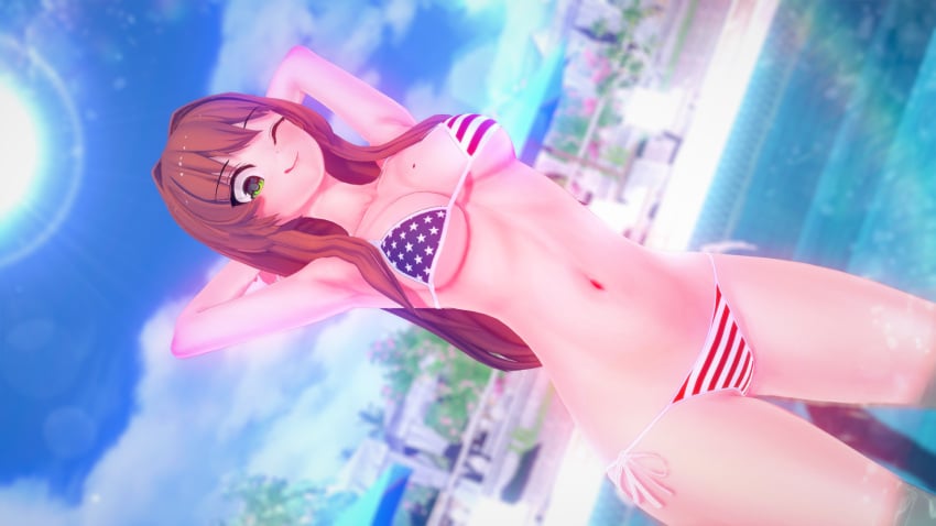 3d american_flag american_flag_bikini arms_behind_head bikini brunette_hairbeach collarbone doki_doki_literature_club eyebrows_visible_through_hair green_eyes koikatsu long_hair mashirosolera medium_breasts monika_(doki_doki_literature_club) ocean one_eye_closed patriotic_clothing sky sun thick_thighs us_flag usa_bikini