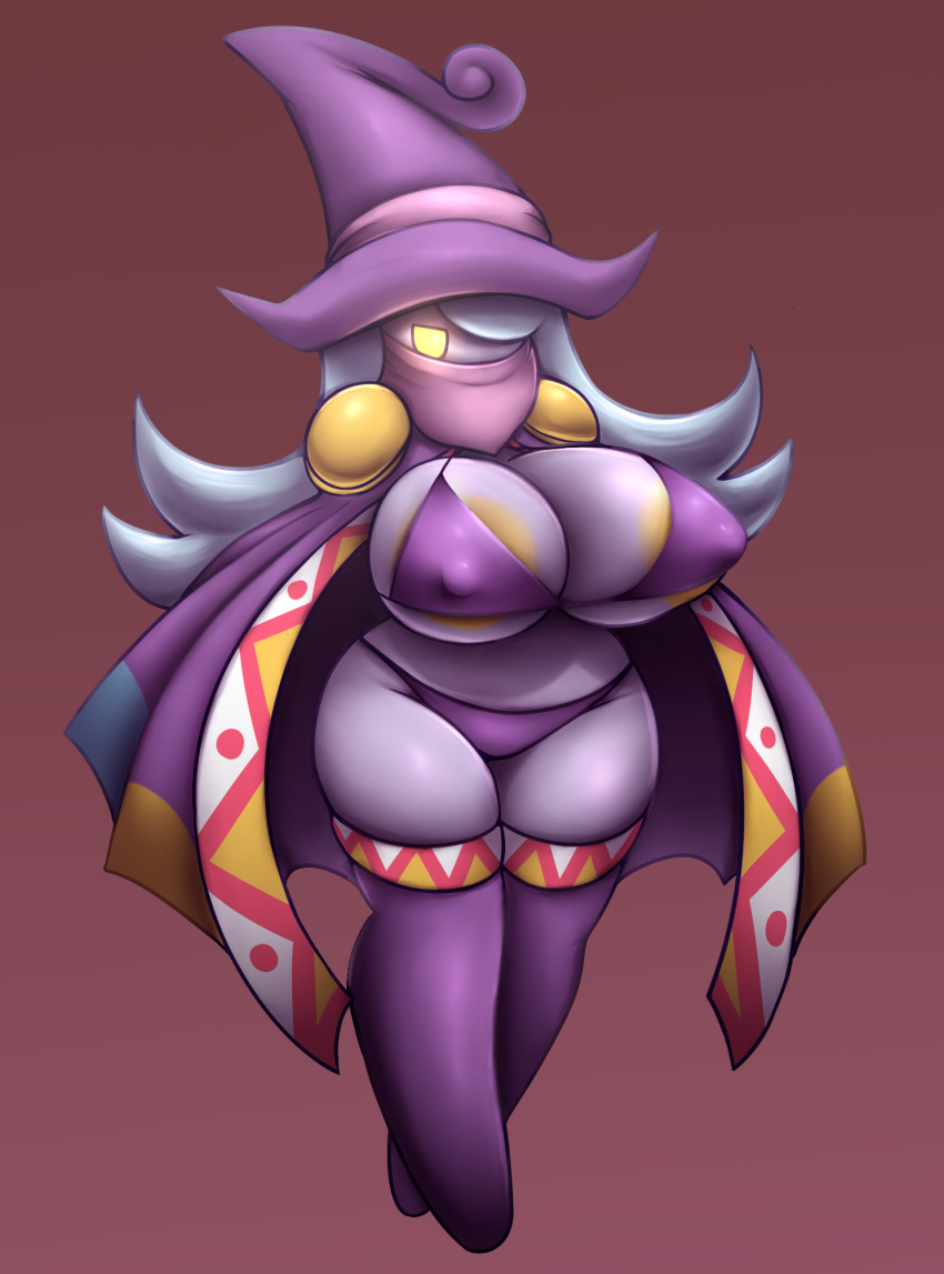 1girls anthro areola_slip areolae blue_hair bra breasts drawcia female glowing_eyes kirby_(series) large_breasts metachoke panties purple_skin thighhighs witch witch_hat yellow_eyes