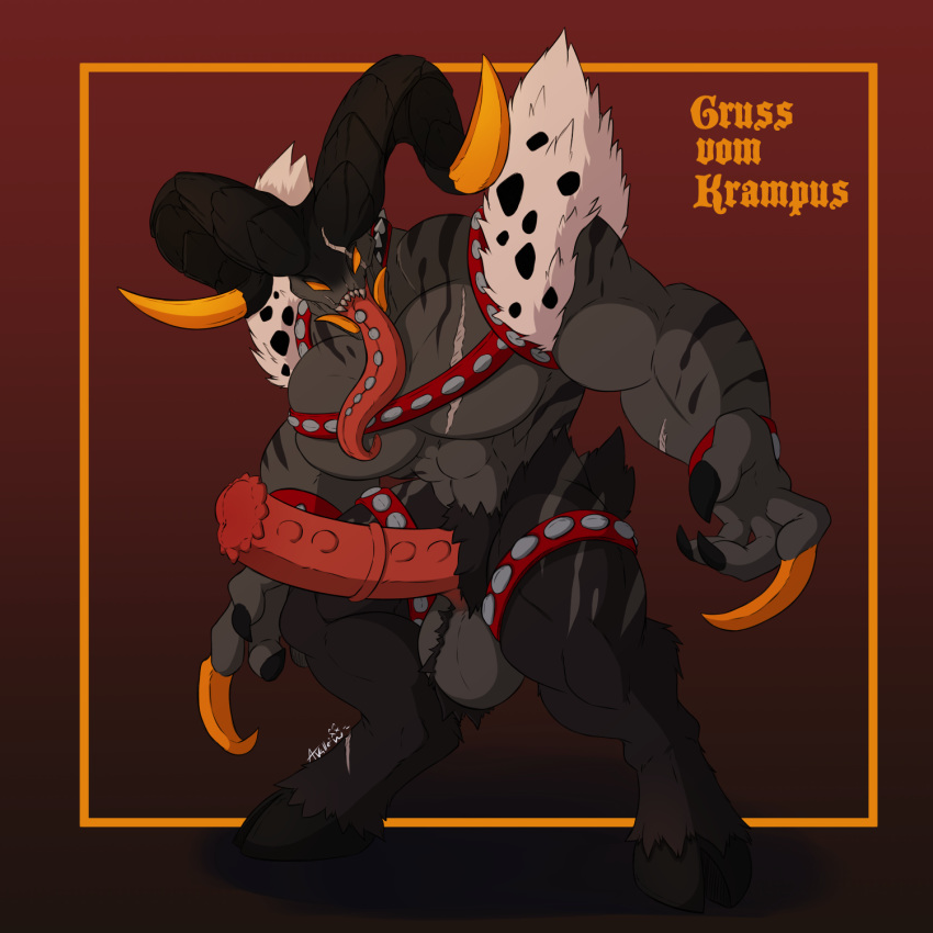 anthro balls bell bovid caprine christmas collar demon erection fangs fur goat holidays horn krampus looking_at_viewer male male_only mammal monster muscular open_mouth penis piercing simple_background solo teeth tongue tongue_out tongue_piercing undeadkitty13