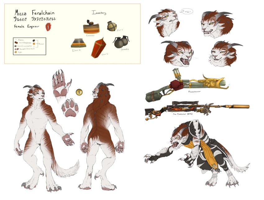 anthro armor barely_visible_genitalia barely_visible_pussy black_lips brown_body brown_fur brown_stripes charr dagos dialogue digitigrade explosives fangs felid female flamethrower fur grenade guild_wars gun heart hi_res hindpaw horn lips mammal mane micca_(character) model_sheet mully_clothed multi_ear multiple_poses narrowed_eyes navel nude open_mouth pawpads paws pink_nose pink_pawpads pose pussy ranged_weapon rifle slit_pupils snarling solo spines standing striped_body striped_fur stripes video_games weapon whiskers white_body white_fur yellow_eyes