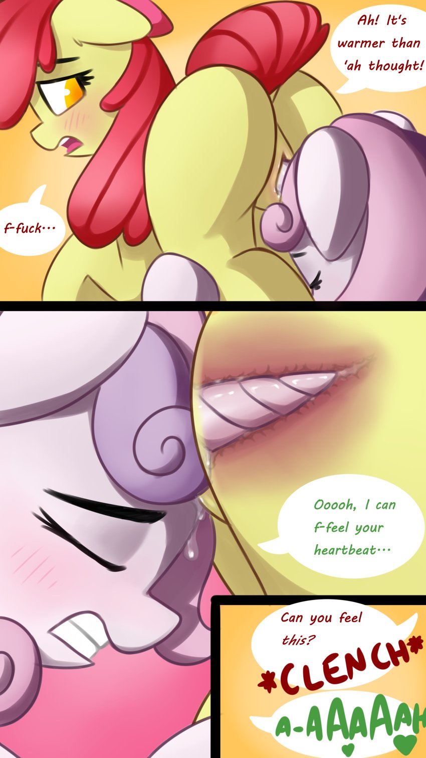 anon_1515 apple_bloom_(mlp) bodily_fluids comic dialogue duo equid female female/female feral friendship_is_magic genital_fluids horn horn_sex internal mammal my_little_pony penetration pussy pussy_juice sex sweetie_belle_(mlp) unicorn vaginal_penetration young yuri