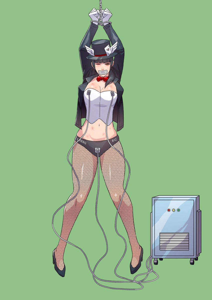 1girls ace_combat ace_combat_7 black_hair black_panties brown_eyes cirenk corset electrostimulation female female_only fishnets huge_breasts huxian magic pantyhose ponytail solo sweat tied_up