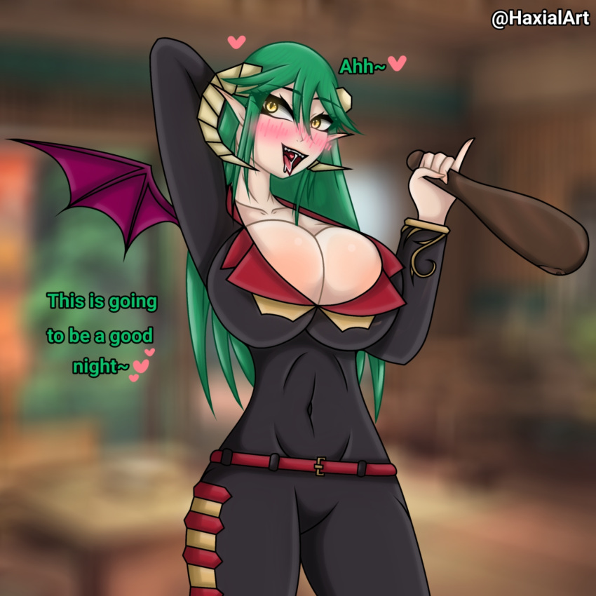 1girls big_breasts blush breasts clothed clothing demon_girl demon_horns drunk grand_summoners green_hair horns horny large_breasts long_hair suit tagme yellow_eyes