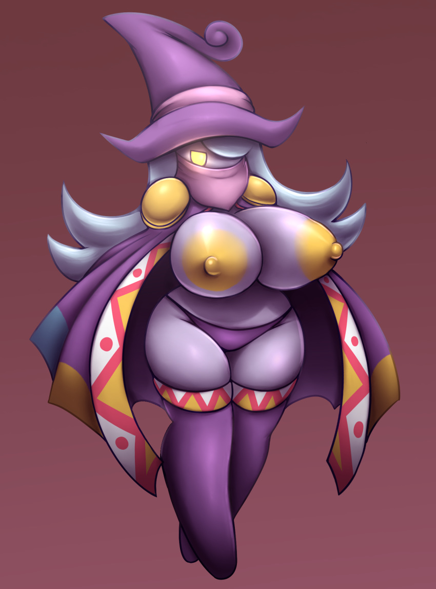 1girls anthro areolae blue_hair breasts drawcia female glowing_eyes kirby_(series) large_breasts metachoke nipples panties purple_skin thighhighs witch witch_hat yellow_eyes